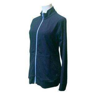 T By Talbots Cotton Blend Zipper Front Navy Blue Knit Jacket Size MP